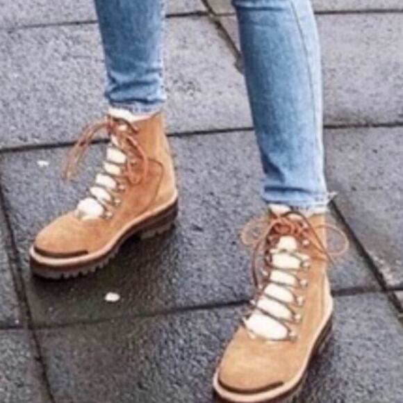 Marc Fisher 9 mlizzie Lizzie Shearling Winter Boots Women brown leather lug - Picture 1 of 11